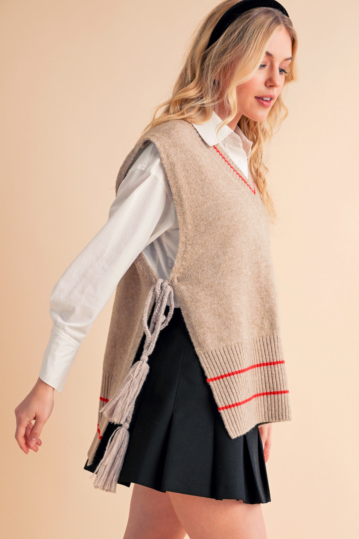 Aemi + Co Ribbed V-Neck Sweater Vest with Tassel - Brittney MADE