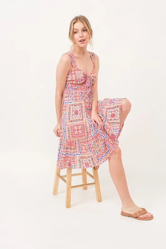 And The Why Tied Front Smocked Back Tiered Boho Printed Dress - Brittney MADE