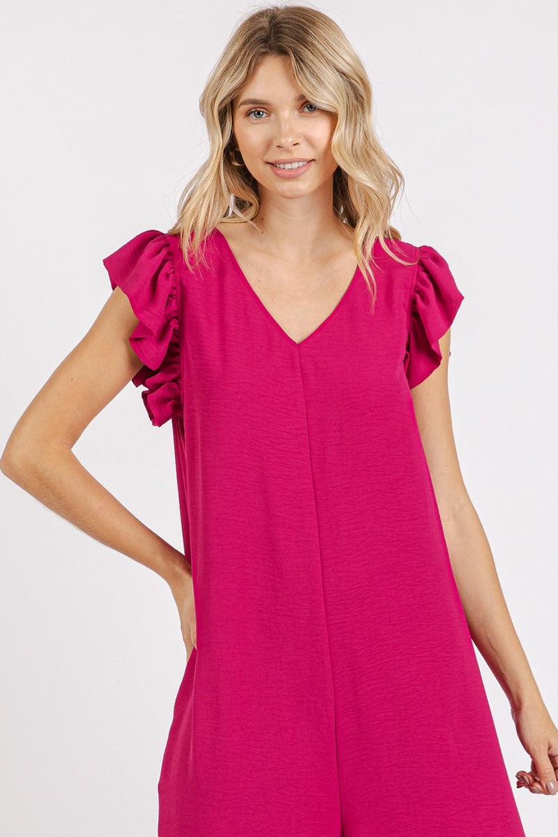 Mittoshop V-Neck Ruffled Cap Sleeve Wide Leg Jumpsuit - Brittney MADE