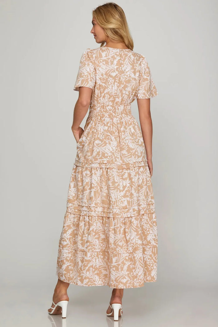 She + Sky Printed Notched Woven Tiered Pintuck Maxi Dress with Side Pockets - Brittney MADE