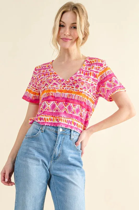 And The Why Printed V Neck Cropped T-Shirt - Brittney MADE