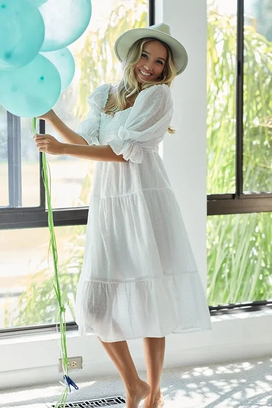 BiBi Swiss Dot Flounce Sleeve Smocked Tiered Midi Dress - Brittney MADE