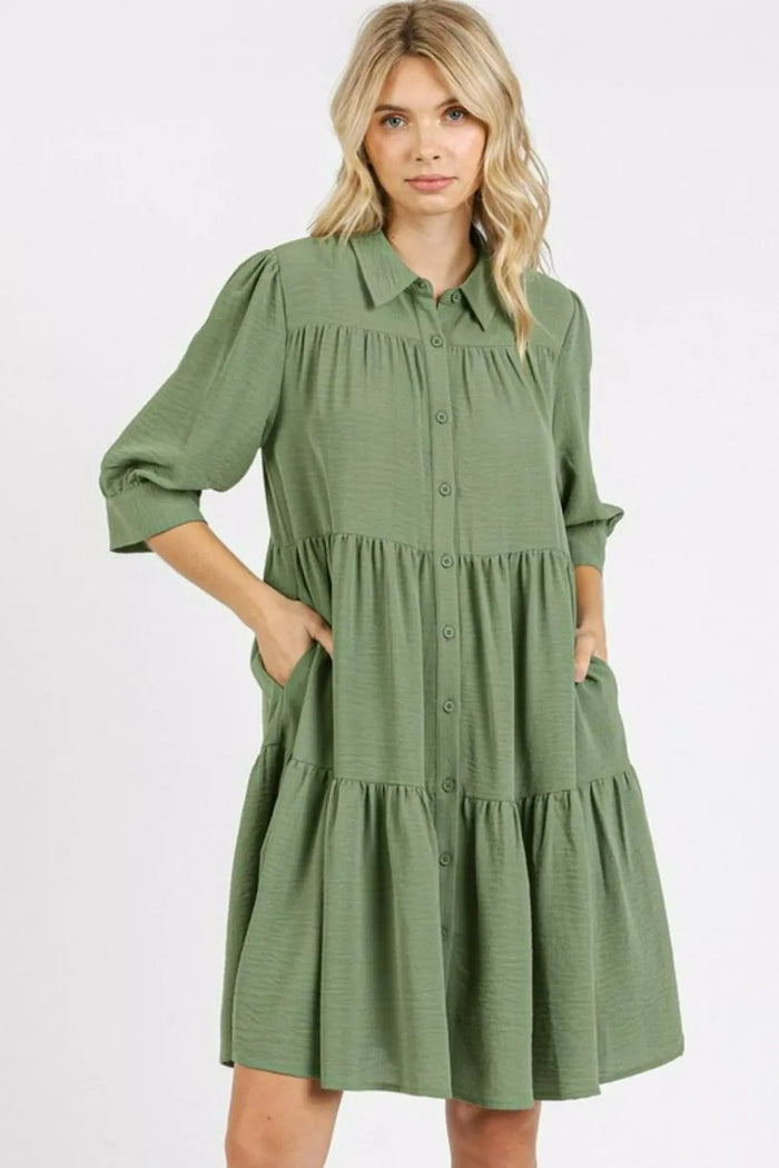 Mittoshop Button Detail Collared Neck Tiered Shirt Dress - Brittney MADE