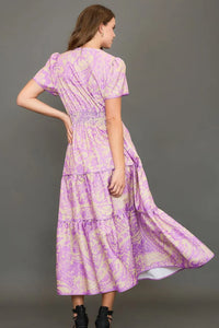 Umgee Full Size Printed Notched Short Sleeve Tiered Dress Plus Size - Brittney MADE