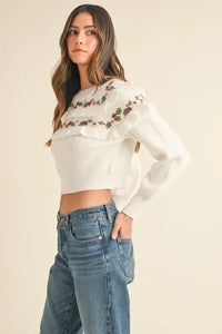 MABLE Floral Embroidered Ruffle Detail Sweater - Brittney MADE