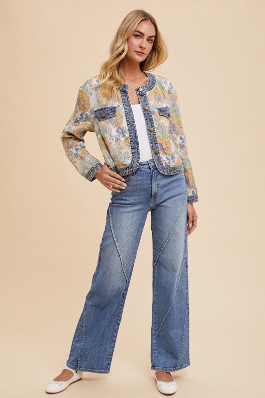 Annie Wear Floral Jacquard Denim Contrast Button Down Jacket - Brittney MADE