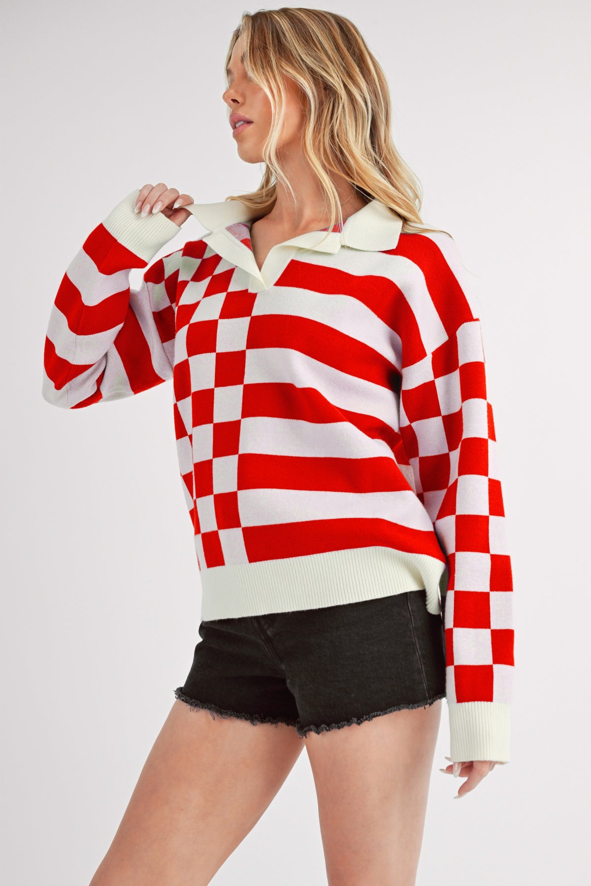 Aemi + Co Striped & Checkered Drop Shoulder Sweater - Brittney MADE