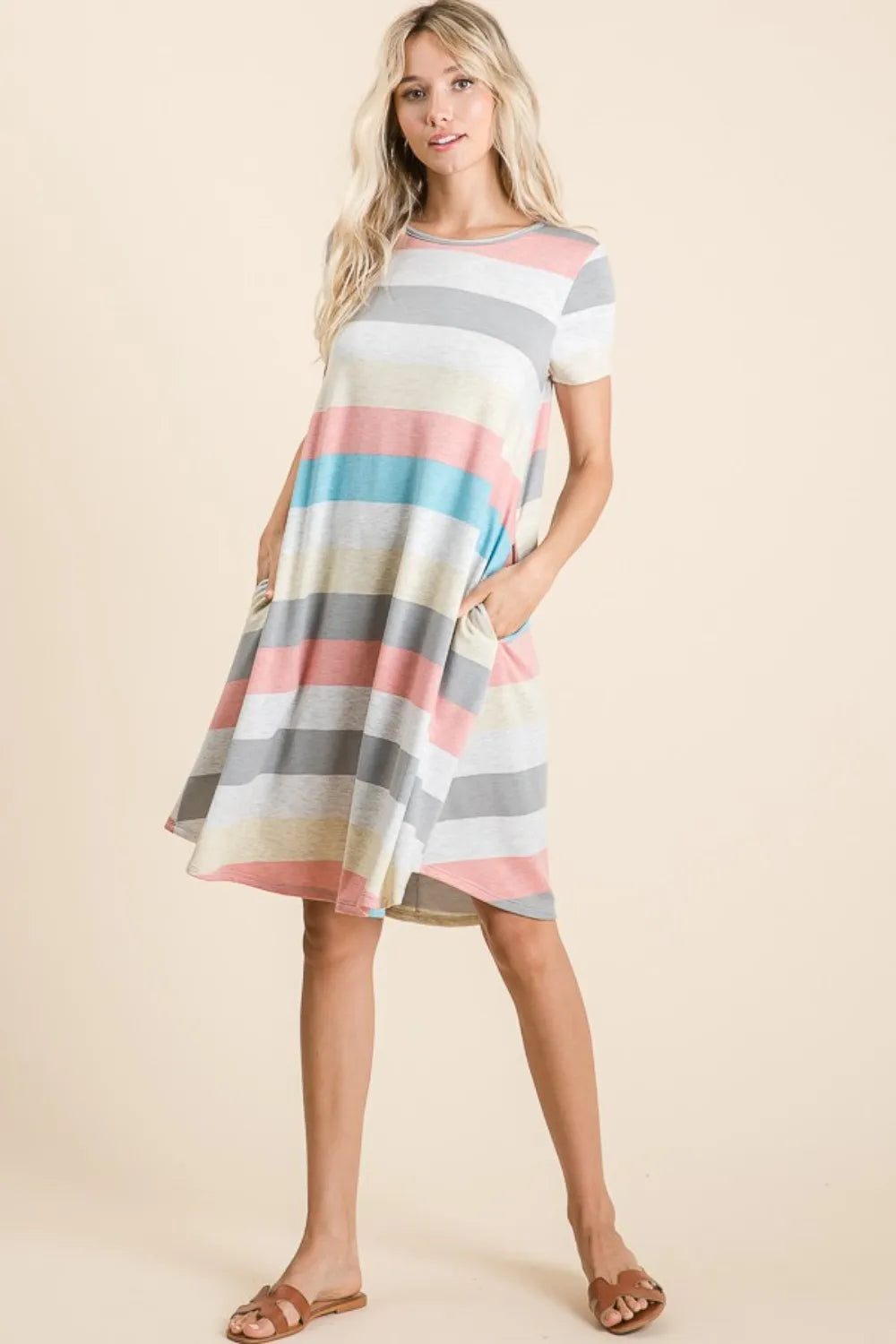 BOMBOM Striped Short Sleeve Dress with Pockets - Brittney MADE