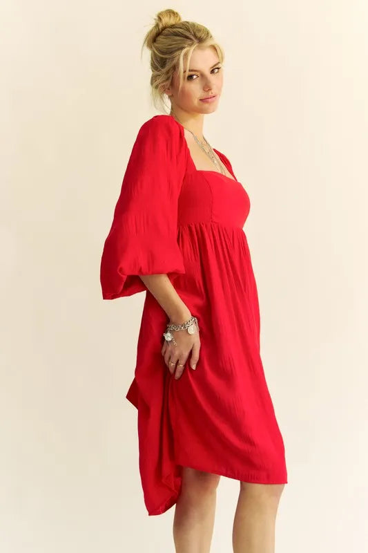 Davi & Dani Solid Textured Fabric Puff Sleeve Tie Back Dress - Brittney MADE