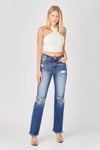Risen Full Size Raw Hem Distressed Straight Jeans - Brittney MADE