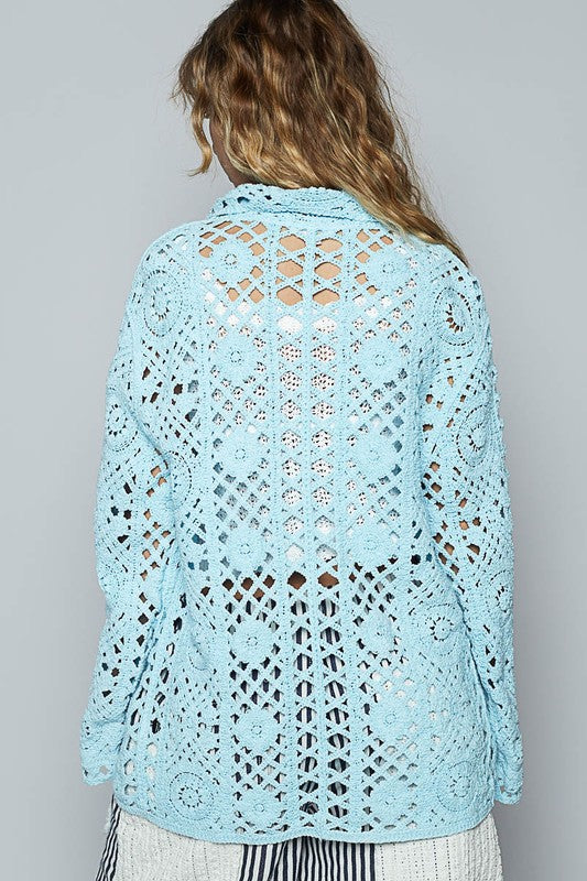POL Crochet Button Up Cardigan with Chest Patch Pockets - Brittney MADE