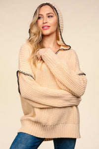 Haptics Contrast Stitching Long Sleeve Hooded Sweater - Brittney MADE