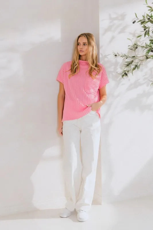 Ces Femme Texture Mock Neck Short Sleeve Knit Top - Brittney MADE