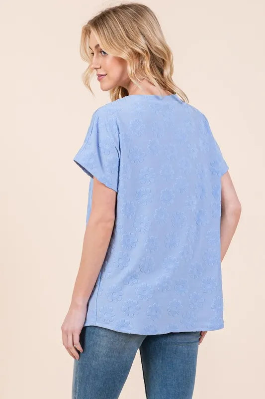 BOMBOM Textured Floral Pattern Short Sleeve T-Shirt - Brittney MADE