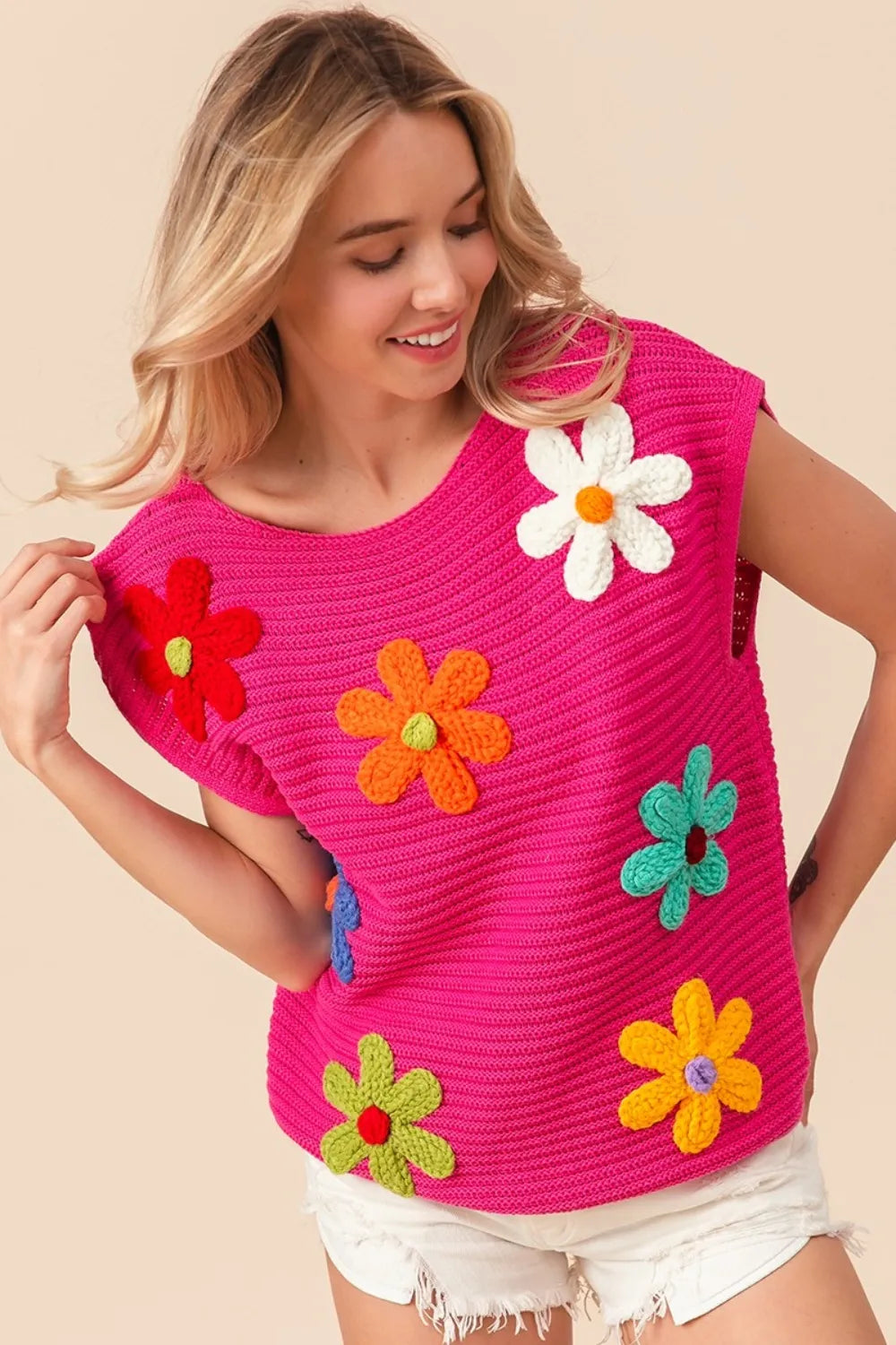 BiBi Flower Round Neck Cap Sleeve Knit Top - Brittney MADE