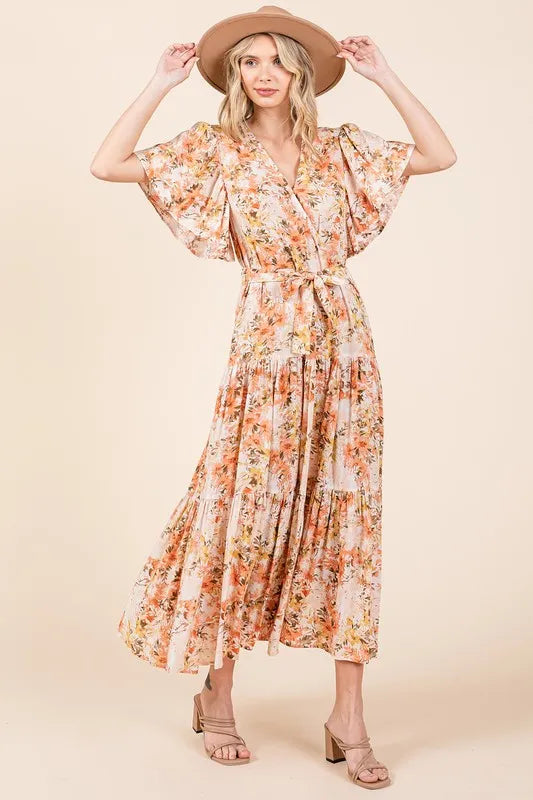 Mittoshop Floral Tie Waist Flutter Sleeve Tiered Dress - Brittney MADE