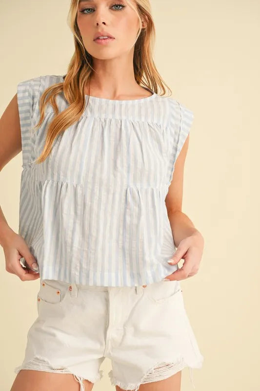 Aemi+Co Ruched Striped Round Neck Sleeveless Top - Brittney MADE