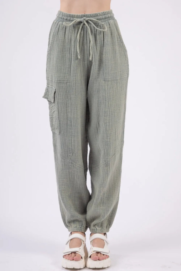 VERY J Washed Woven Crinkle Gauze Drawstring Pants - Brittney MADE