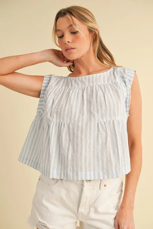 Aemi+Co Ruched Striped Round Neck Sleeveless Top - Brittney MADE