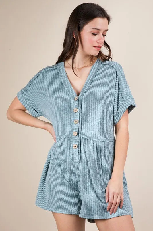 VERY J Two Tone Ribbed Knit Comfy Casual Romper - Brittney MADE