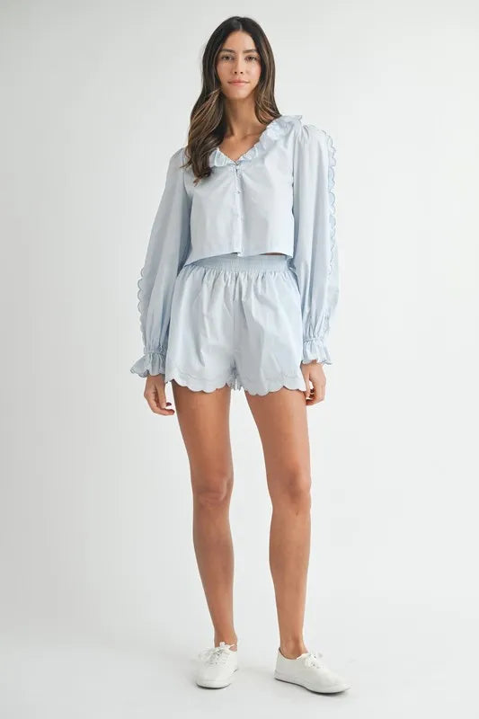MABLE Long Sleeve Scallop Blouse and Shorts Set - Brittney MADE