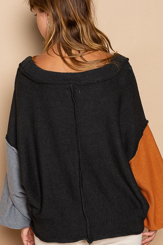 POL Exposed Seam Roll Edge Color Block V Neck Sweater - Brittney MADE