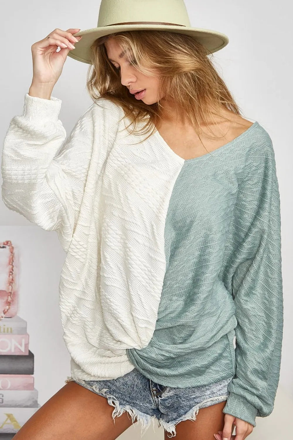 BiBi Twist Front Contrast Cable Knit Top - Brittney MADE