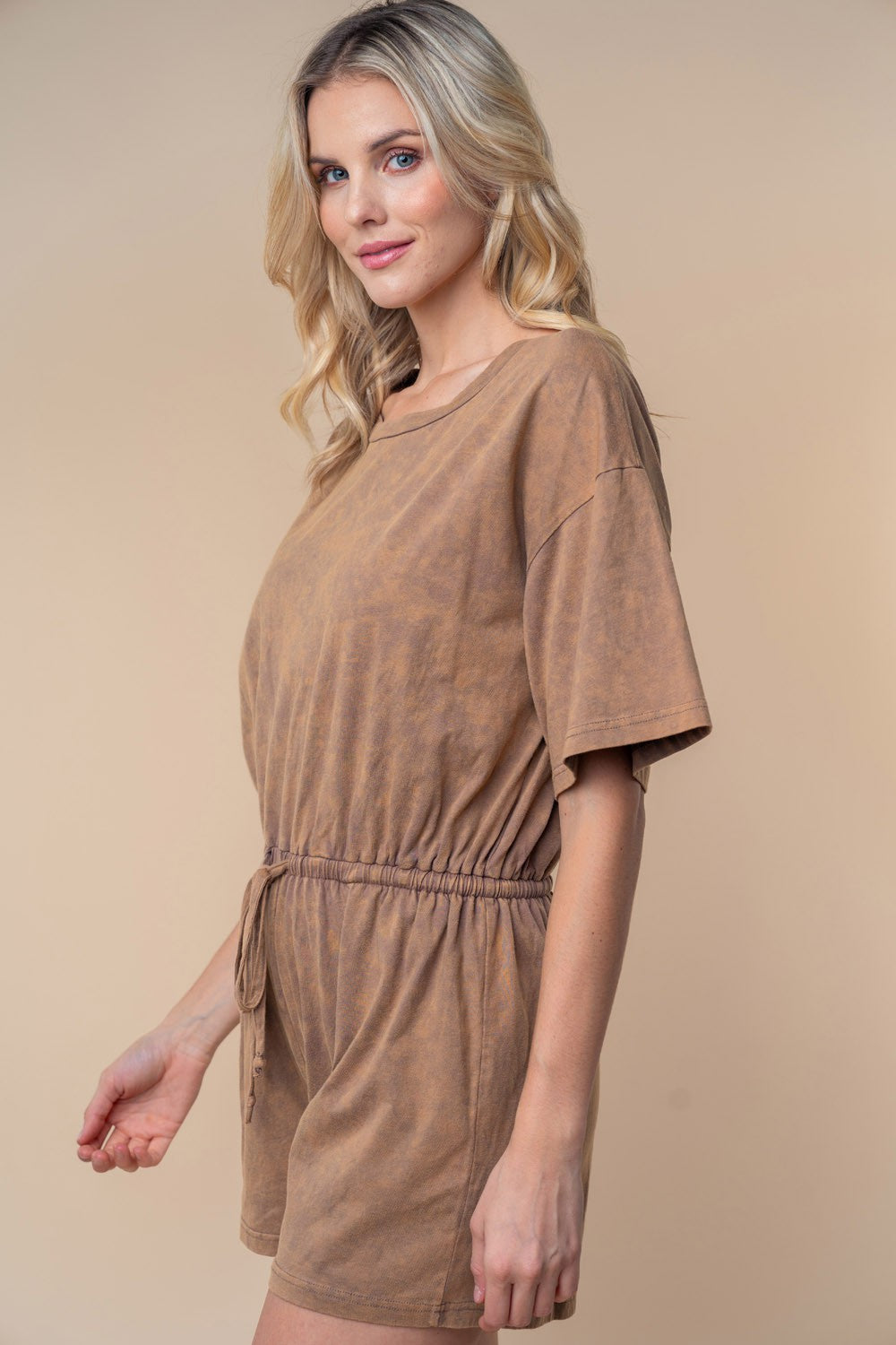 White Birch Full Size Short Sleeve Drawstring Romper - Brittney MADE