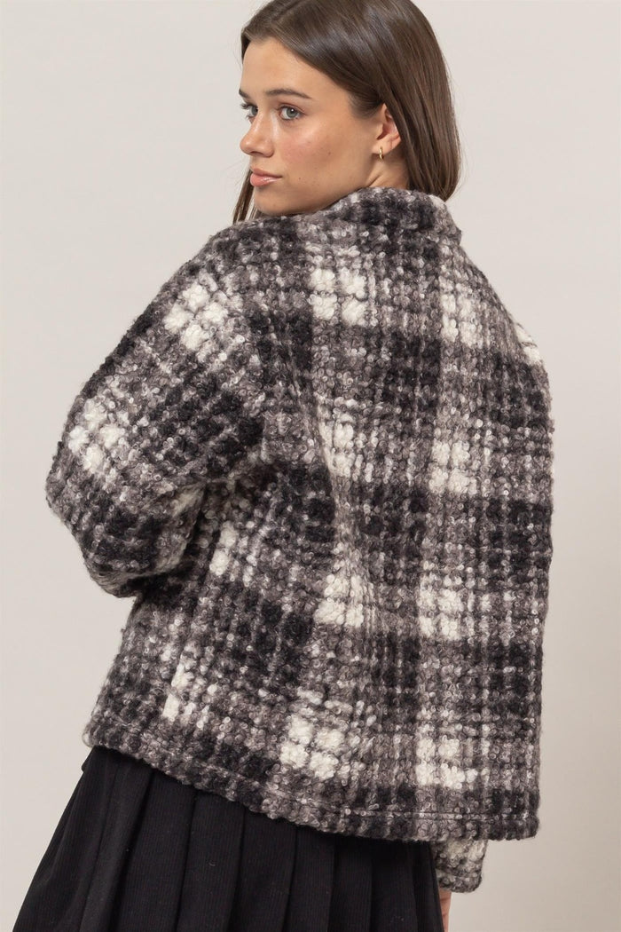 HYFVE Plaid Collared Neck Boucle Jacket with Pockets - Brittney MADE