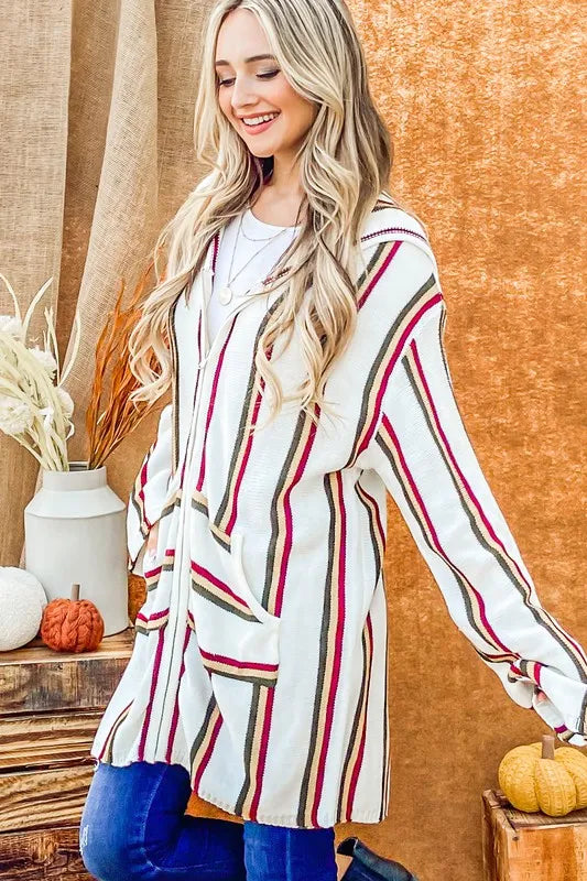 And The Why Rainbow Stripe Zipper Up Cardigan with Hood - Brittney MADE