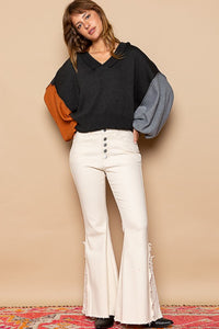 POL Exposed Seam Roll Edge Color Block V Neck Sweater - Brittney MADE