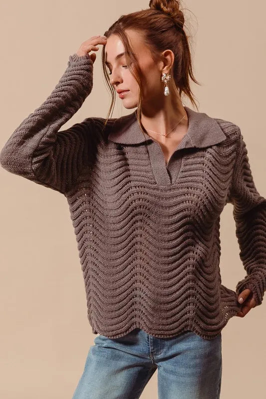 SO ME Notched Collar Wavy Texture Sweater Top - Brittney MADE