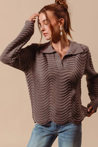 SO ME Notched Collar Wavy Texture Sweater Top - Brittney MADE
