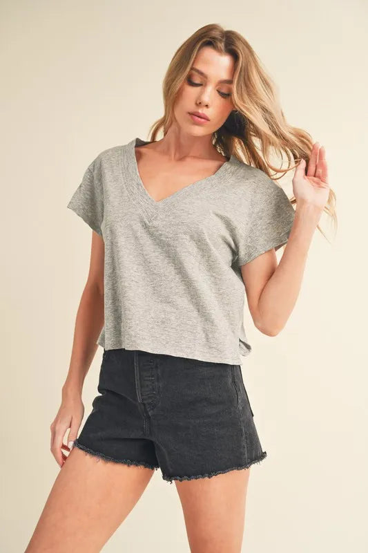 Aemi + Co Side Slit V-Neck Short Sleeve Cropped T-Shirt - Brittney MADE