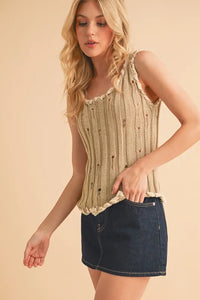 Aemi+Co Distressed Detail Round Neck Knit Tank - Brittney MADE