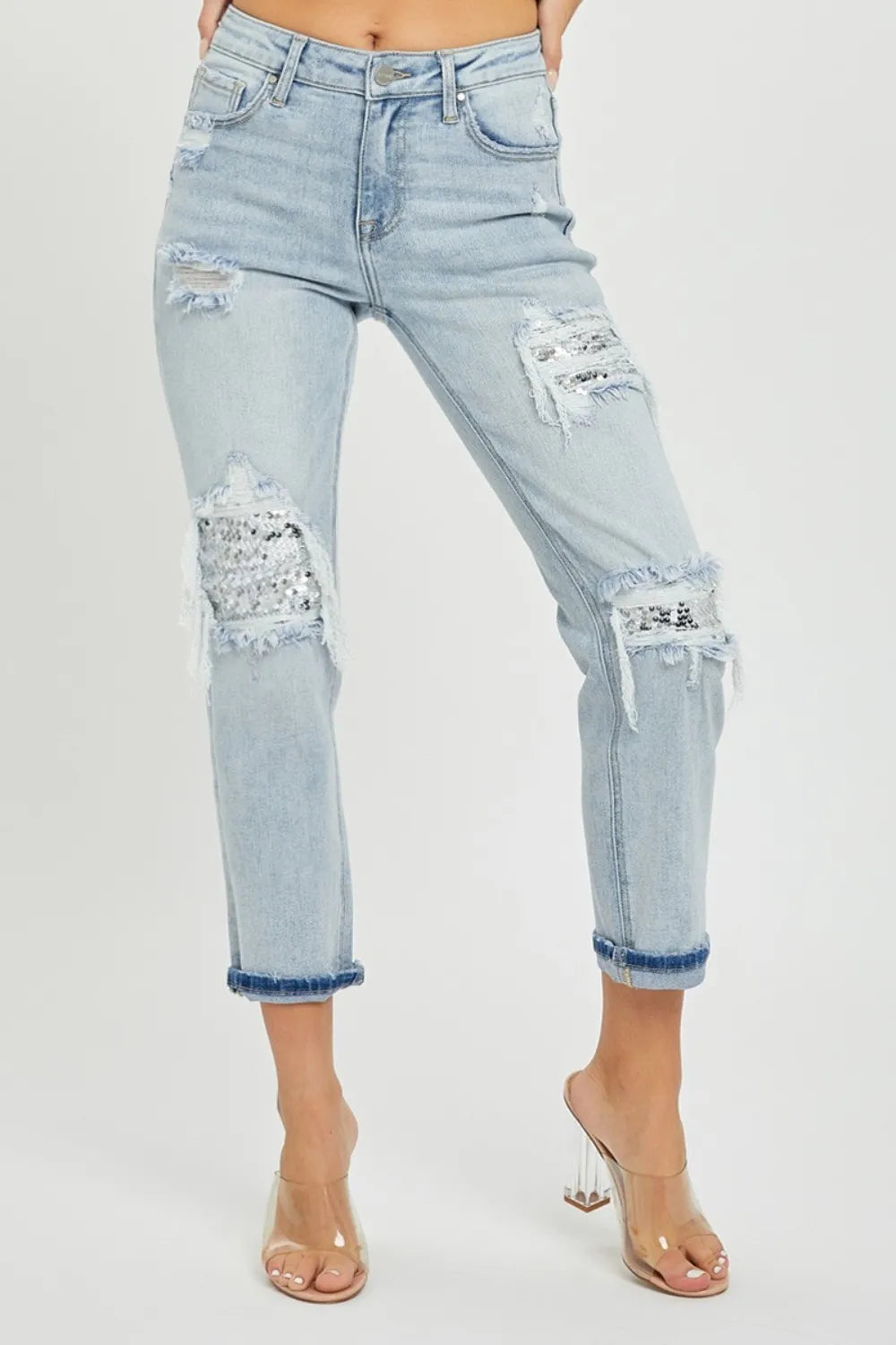 RISEN Mid-Rise Sequin Patched Jeans - Brittney MADE