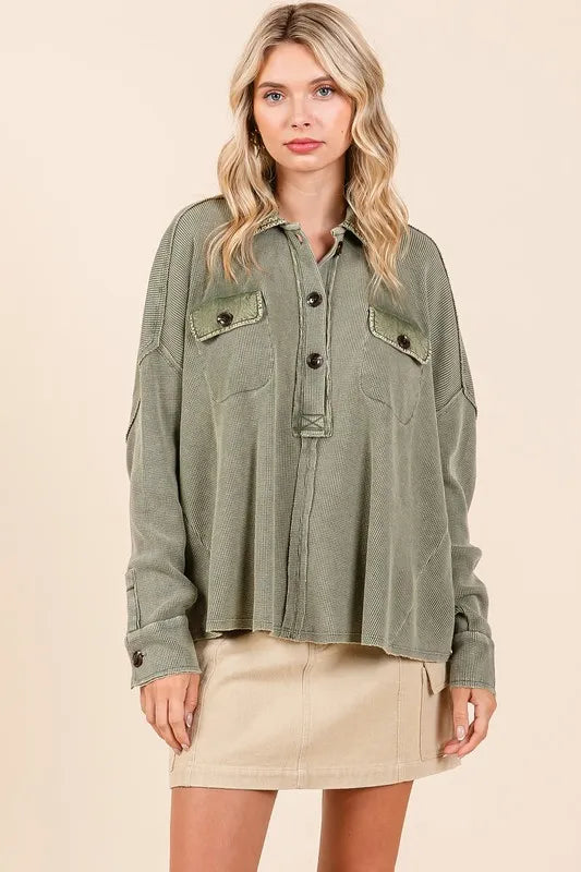 Mittoshop Mineral Wash Waffle Knit Collared Neck Henley Top - Brittney MADE