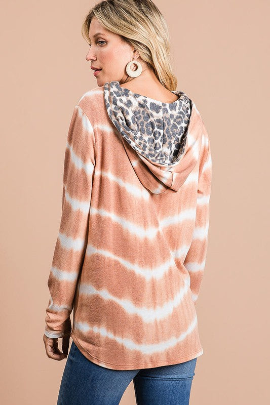 BiBi Tie Dye Stripe Terry Drawstring Hoodie With Leopard - Brittney MADE