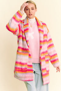 Davi & Dani Contrast Striped Open Front Coat with Pockets - Brittney MADE