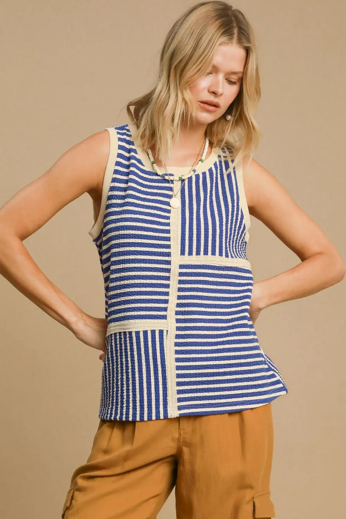 Umgee Round Neck Texture Striped Tank - Brittney MADE