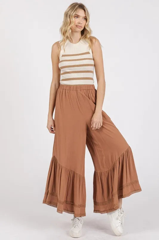 Mittoshop Lace Ruffle Asymmetric Hem Wide Leg Pants - Brittney MADE