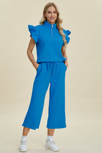 Double Take Full Size Texture Ruffle Short Sleeve Top and Wide Leg Pants Set - Brittney MADE