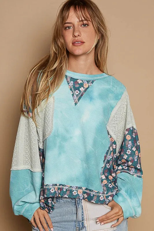 POL Floral Patchwork Round Neck Knit Top - Brittney MADE