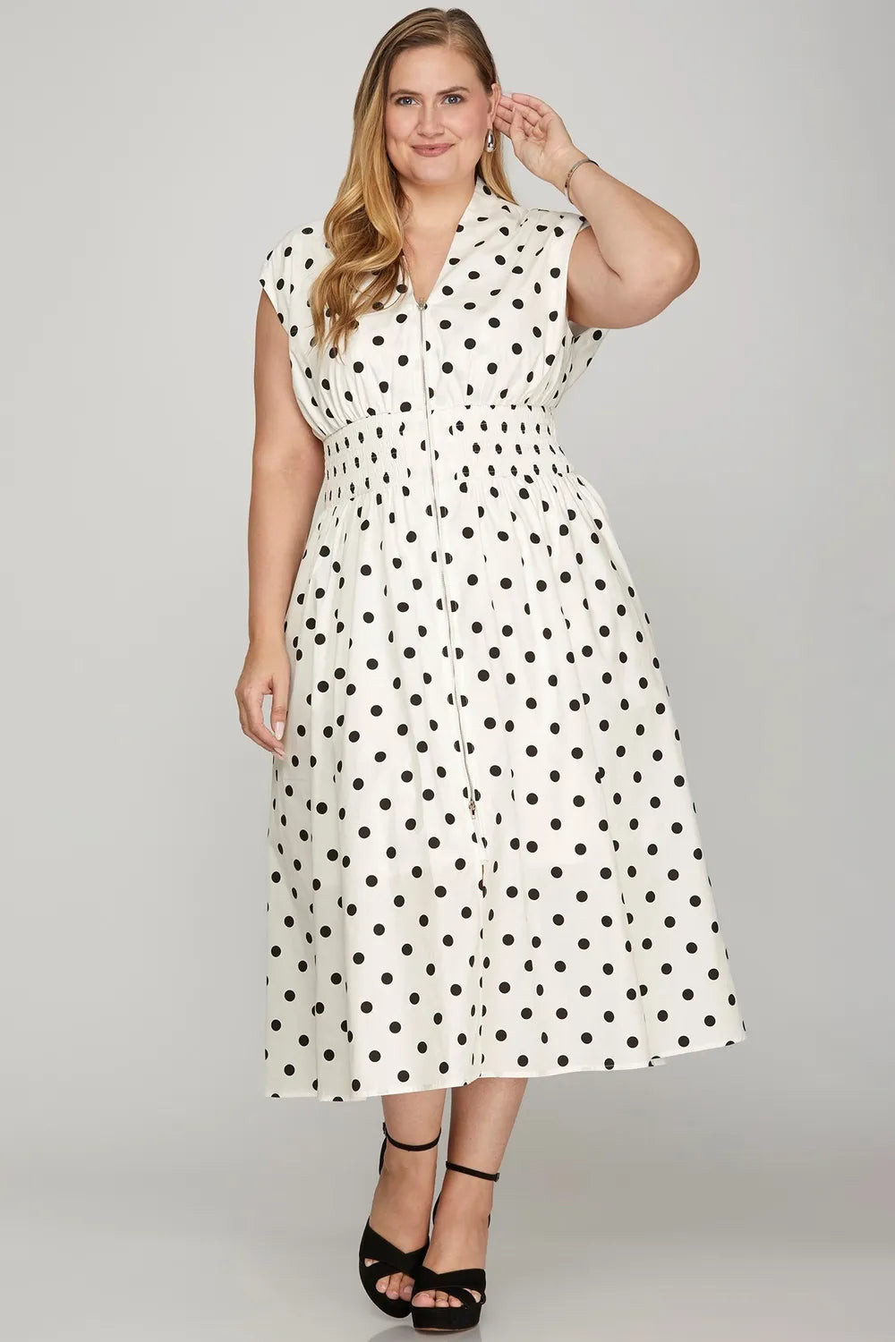 She + Sky Front Zip Polka Dots Cap Sleeve Midi Dress - Brittney MADE
