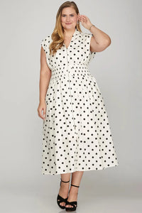 She + Sky Front Zip Polka Dots Cap Sleeve Midi Dress - Brittney MADE
