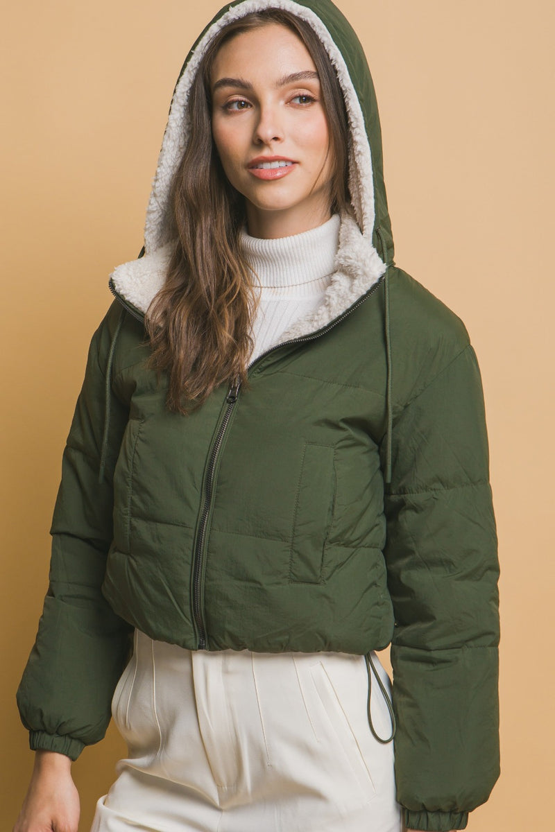 Love Tree Zip Up Cropped Hooded Sherpa Reversible Jacket - Brittney MADE