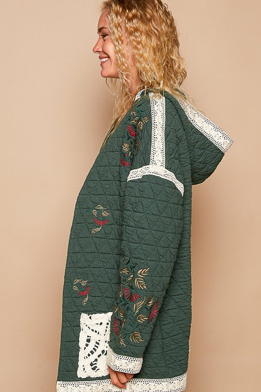 POL Embroidered Open Front Quilted Jacket with Crochet Pockets - Brittney MADE
