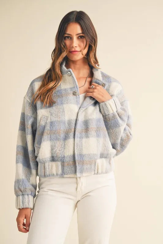 MABLE Plaid Print Fuzzy Bomber Jacket - Brittney MADE