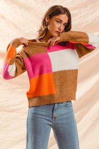 SO ME Multi Color Block Checkered Sweater Top - Brittney MADE