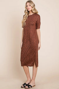 BOMBOM Round Neck Side Slit Midi Dress - Brittney MADE